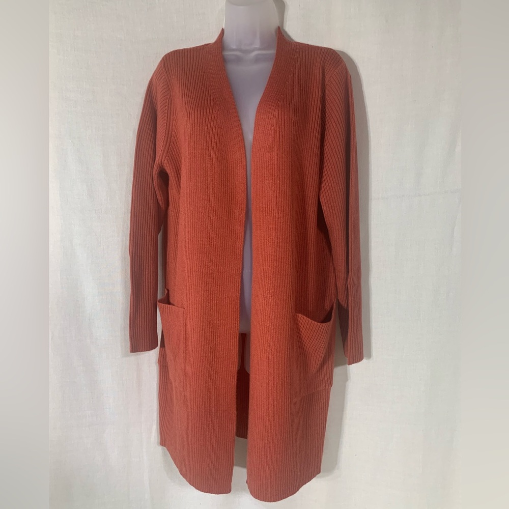 Dialogue Orange Open Front Cardigan Sweater with pockets Sz Medium